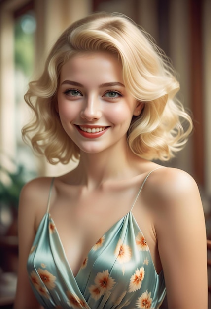 Портрет красивой молодой женщины с светлыми кудрявыми волосами и макияжем