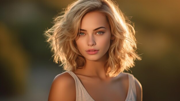 Портрет красивой молодой женщины со светлыми вьющимися волосами и макияжем