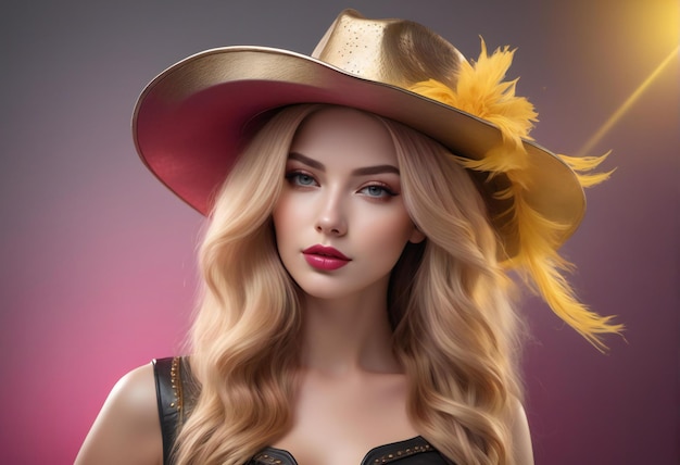 Portrait of beautiful young woman with blond hair in a cowboy hat