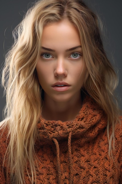 Portrait of a beautiful young woman with blond hair in a knitted sweater