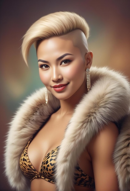 Portrait of a beautiful young woman with blond hair wearing a luxurious fur coat