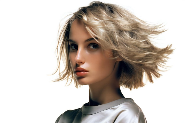 Portrait of a beautiful young woman with blond hair on white background