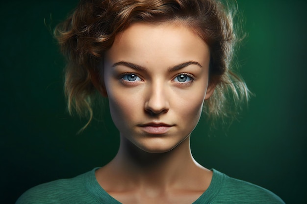 Portrait of a beautiful young woman with blue eyes on green background