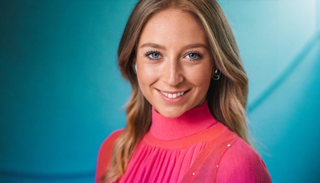 Portrait of a beautiful young woman with blue eyes and pink blouse