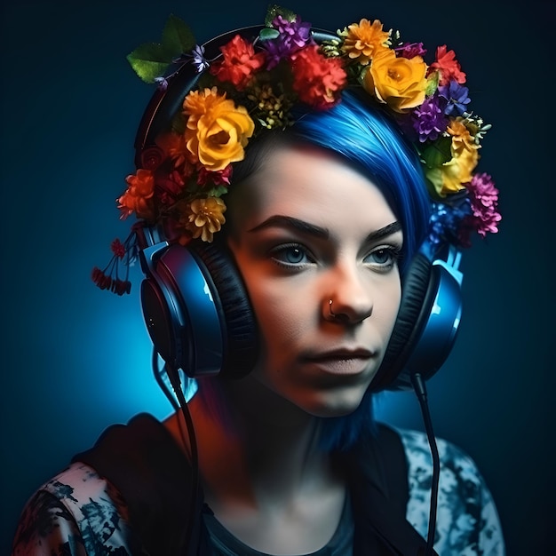 Portrait of a beautiful young woman with blue hair and headphones