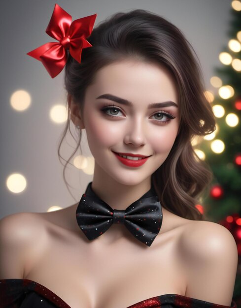 Portrait of beautiful young woman with bowtie and christmas tree on background