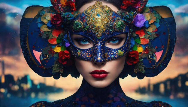 Portrait of a beautiful young woman with bright make up and Venetian mask ai generative