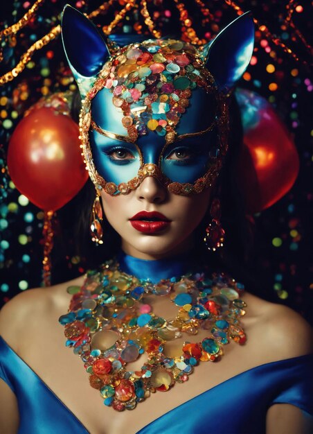 Portrait of a beautiful young woman with bright make up and Venetian mask ai generative