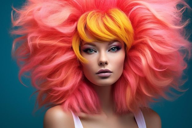 Portrait of beautiful young woman with bright makeup and pink wig