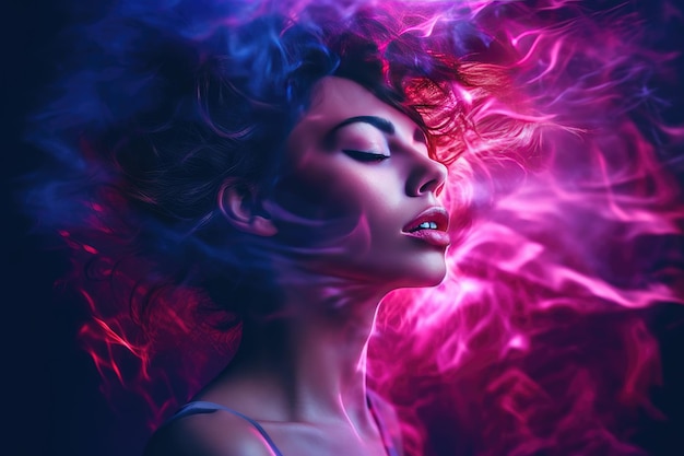 Портрет красивой молодой женщины с ярким макияжем и дымом в волосах, сгенерированный ИИ