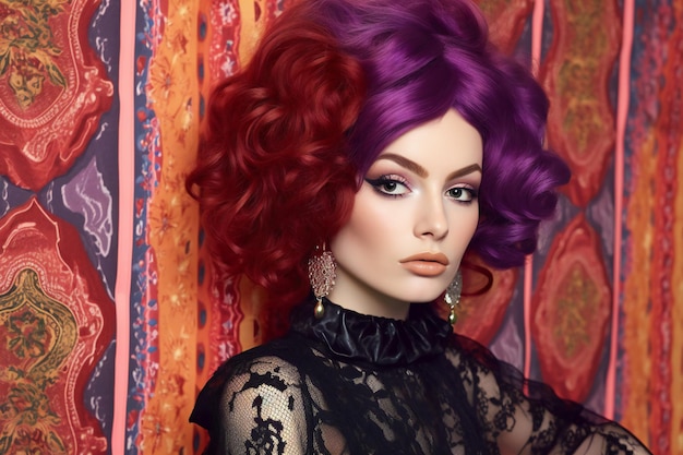 Portrait of a beautiful young woman with bright purple hair Fashion photo