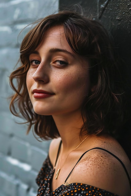 Photo portrait of a beautiful young woman with brown hair and freckles