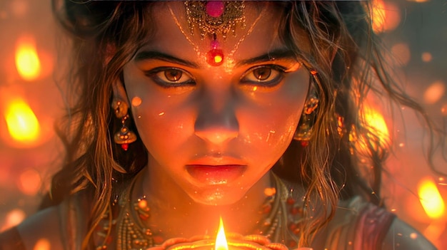 손 에 불 을 들고 있는 아름다운 젊은 여자 의 초상화