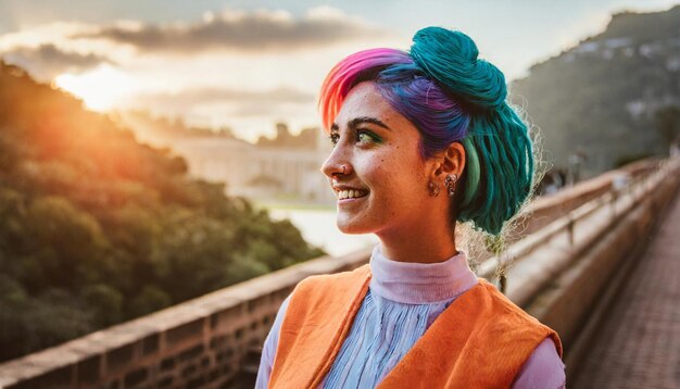 Photo portrait of a beautiful young woman with colorful hair on the bridge