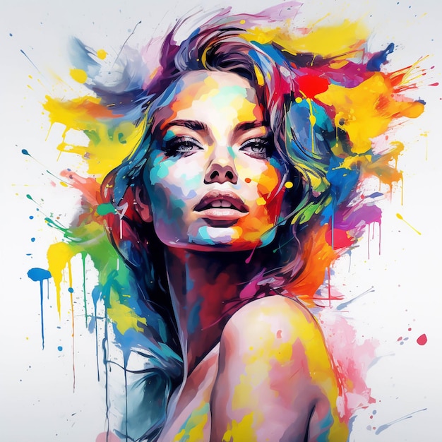 Portrait of beautiful young woman with colorful paint splashes on her face
