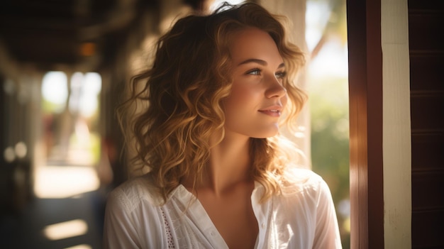 Portrait of a beautiful young woman with curly blond hair wearing a white shirt