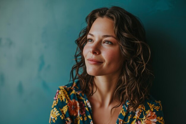 Portrait of a beautiful young woman with curly hair against a blue wall