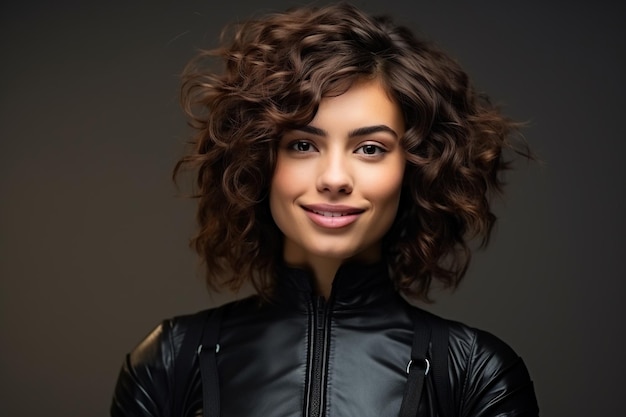 Portrait of a beautiful young woman with curly hair in a black leather suit