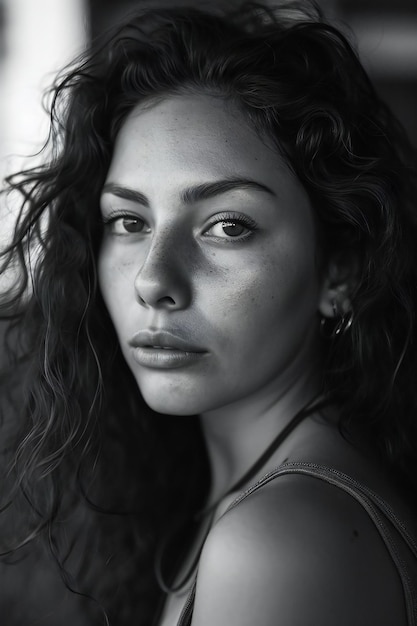 Portrait of a beautiful young woman with curly hair Black and white