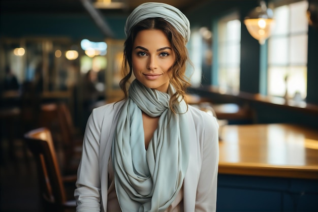 Portrait of beautiful young woman with curly hair in blue headscarf in office