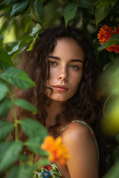 Portrait of beautiful young woman with curly hair in the garden
