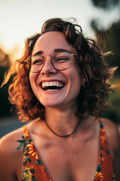 Photo portrait of a beautiful young woman with curly hair and glasses smiling