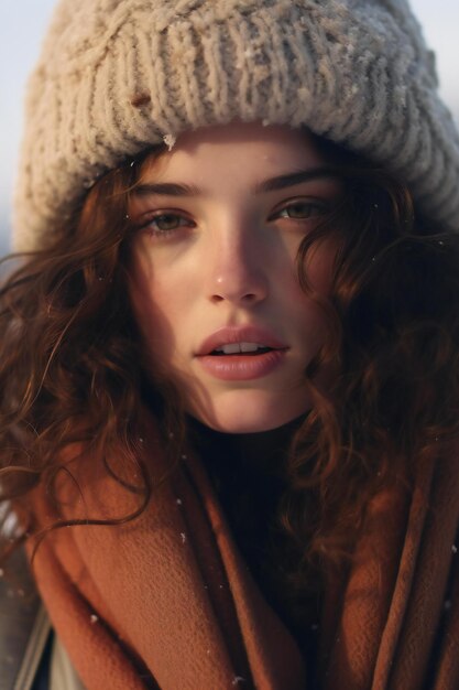 編んだ帽子とスカーフをかぶった ⁇ の美しい若い女性の肖像画