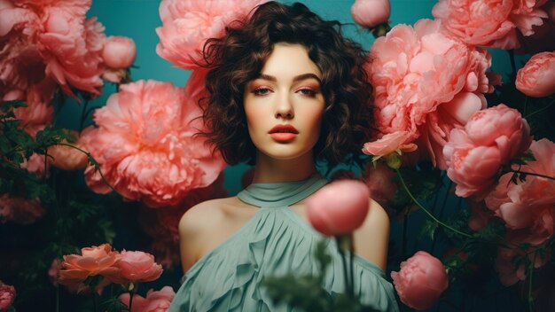 Foto ritratto di una bella giovane donna con i capelli ricci e fiori rosa