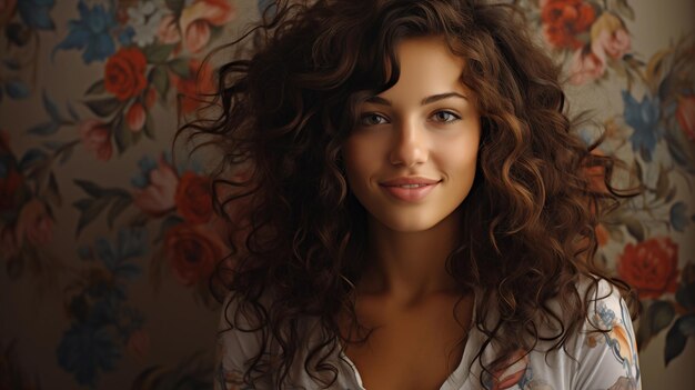 Portrait of a beautiful young woman with curly hair on a wall background