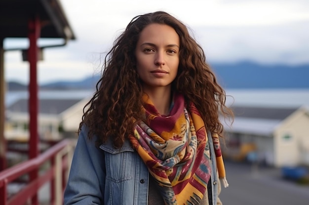 Portrait of a beautiful young woman with curly hair wearing a blue denim jacket and a colorful scar