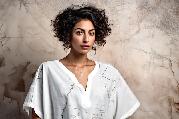 Portrait of a beautiful young woman with curly hair in a white shirt