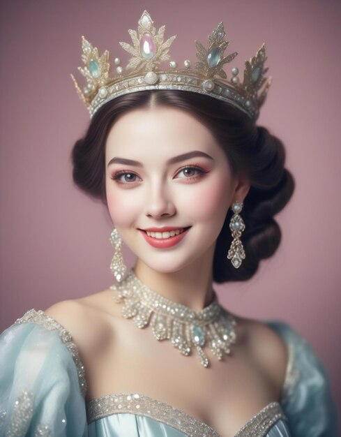 Portrait of beautiful young woman with evening makeup hairstyle and crown