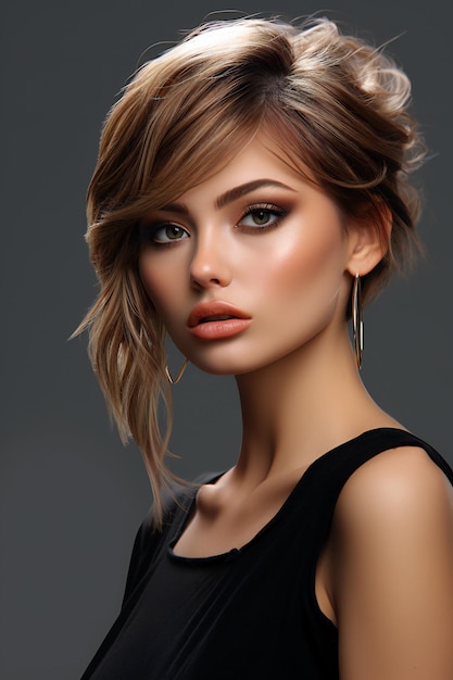 Photo portrait of beautiful young woman with evening makeup and hairstyle