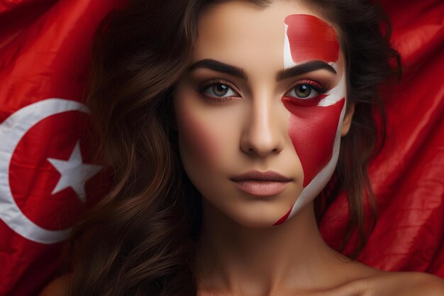 Photo portrait of beautiful young woman with face painted in the colors of turkey flag