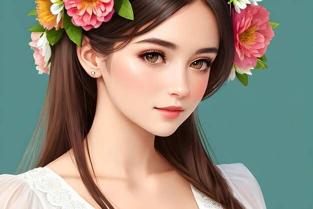 Портрет красивой молодой женщины с цветами на голове Цифровое искусство Цифровая иллюстрация ИИ Ген