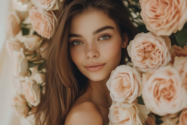 Foto ritratto di una bella giovane donna con dei fiori