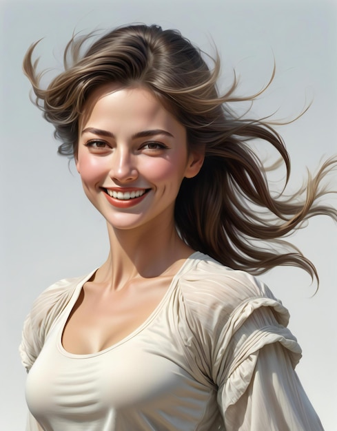 Photo portrait of a beautiful young woman with flying hair on a gray background