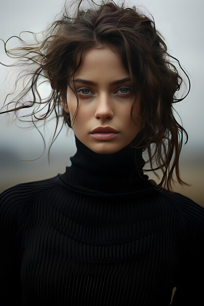 風になびく髪を持つ美しい若い女性の肖像画