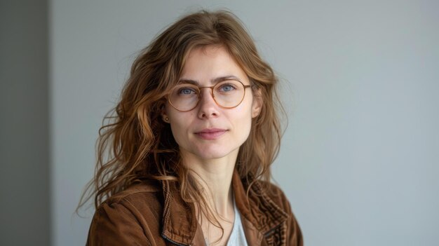 Portrait of a beautiful young woman with freckles and brown hair in glasses