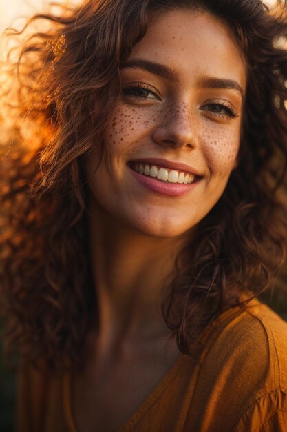 Portrait of a beautiful young woman with freckles on her face in warm lighting