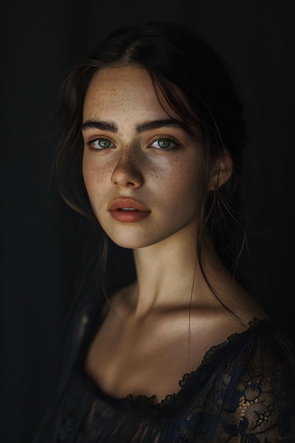 Portrait of a beautiful young woman with freckles on her face