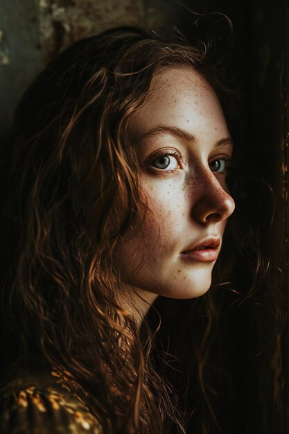 Foto ritratto di una bella giovane donna con le lentiggini sul viso