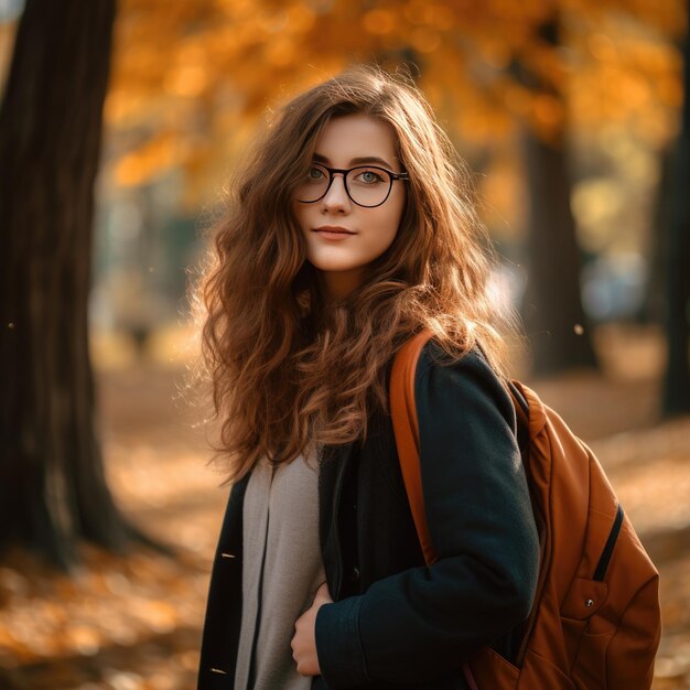 Portrait of a beautiful young woman with glasses and a coat in the autumn park