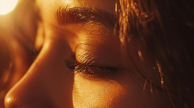 Portrait of a beautiful young woman with glowing skin and golden highlights on her face