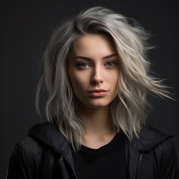 portrait of beautiful young woman with gray hair on black background