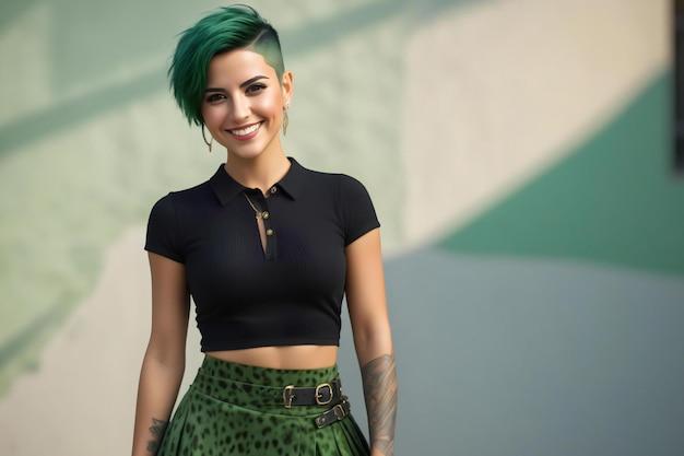 Portrait of a beautiful young woman with green hair in a black shirt