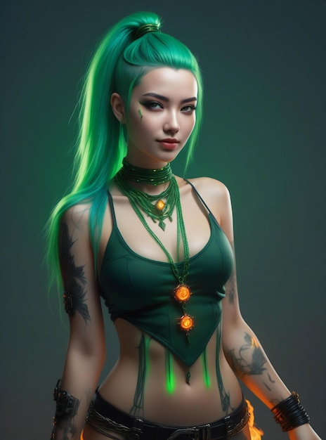 Portrait of a beautiful young woman with green hair and makeup