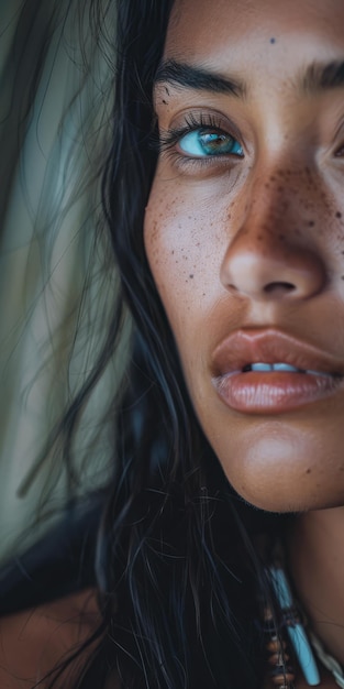 Portrait of a beautiful young woman with an intense gaze and freckles isolated from the copy space b