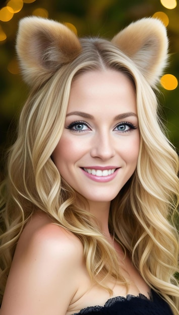 Portrait of a beautiful young woman with long blond curly hair and blue eyes