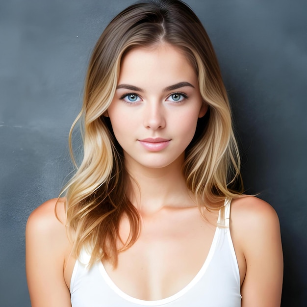 Portrait of a beautiful young woman with long blond hair on a gray background